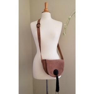 Tan Suede Crossbody with Tasseled Snap